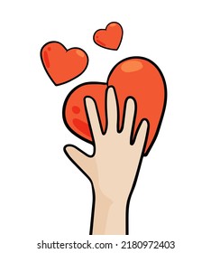 Hand holds the heart. Romantic symbol and donat. Symbol of love and charity.