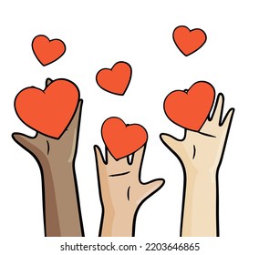 Hand holds the heart. Romantic symbol and donat. Symbol of love and charity. Outline cartoon