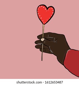 Hand holds heart shaped gingerbread, black skin, Multicultural people, Valentine's Day, hand drawn vector illustration 