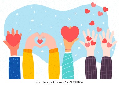 Hand holds a heart symbol. Love. Flat style. Bright modern design. Charity.