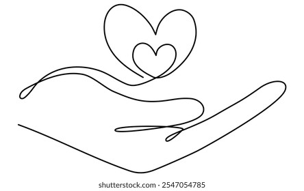 Hand holds hearts continuous line drawing. Family linear symbol. Motherhood concept. Vector illustration isolated on white background.	