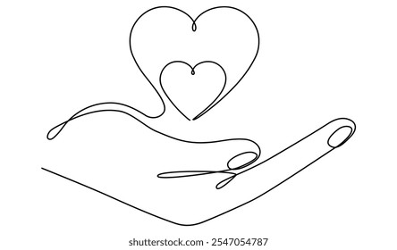 Hand holds hearts continuous line drawing. Family linear symbol. Motherhood concept. Vector illustration isolated on white background.	