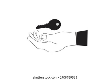Hand holds home keys icon, color, line, outline vector sign, linear style pictogram isolated on white. Symbol, logo illustration