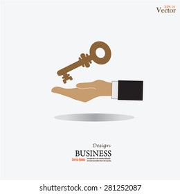 Hand holds home keys .hand with key.vector icon.