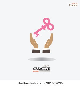 Hand holds home keys .hand with key.vector icon.