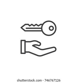 Hand holds home keys line icon, outline vector sign, linear style pictogram isolated on white. House rental symbol, logo illustration. Editable stroke