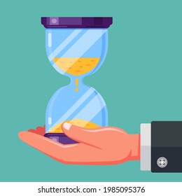 hand holds an hourglass. flat vector illustration