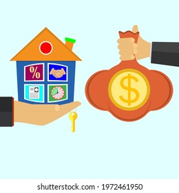Hand holds house and key on finger and giving, receiving money bag with golden coins from other hand. Concept for home agent, sale and rent of a house and buyer or customer. Vector illustration.