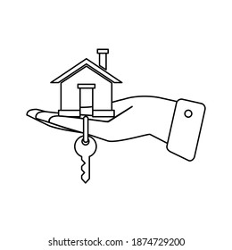 The hand holds the house with keys, construction concept, purchase, sale and lease of new housing, country house, Construction and investment, real estate services. black vector illustration, outline