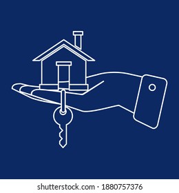 The hand holds the house with keys, construction concept, purchase, sale and lease of new housing, country house, Construction and investment, real estate services. black vector illustration, outline