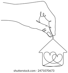 Mano sostiene la casa con dos corazones de línea continua dibujada. Concepto de hogar familiar. Ilustración vectorial aislada en blanco.