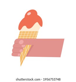 Hand holds an ice cream cone. Flat vector illustration.