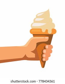 Hand holds an ice cream. Vector flat design.