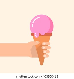 Hand holds an ice cream in a waffle cone. Isolated vector illustration flat design.