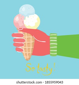 Hand holds an Ice-cream Cones in the flat design