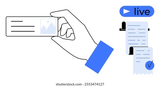 A hand holds an ID card. Next to it are a live video icon and a document with a checkmark. Ideal for identification, live streaming, documents, verification processes, and digital content. Simple