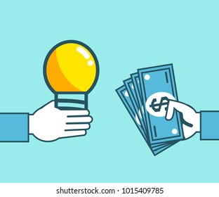 Hand holds idea light bulb and money. Sell idea, intellectual property concept. Simple style vector illustration