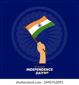  A hand holds the Indian flag with saffron white and green stripes and a blue Ashoka Chakra Background Blue skyText15th August above Independence Day below celebrating India's national  holiday 