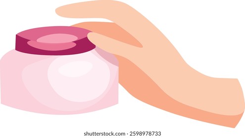 Hand holds a jar of cream. Taking a bath, Relaxation, hygiene, spa procedure, face and hand and foot care. Isolated vector illustration for poster, banner, cover, card.