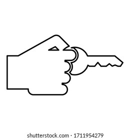 Hand holds key Concept opening Idea success Business access sign Unlock solution Passkey Rent Accessibility symbol icon outline black color vector illustration flat style image