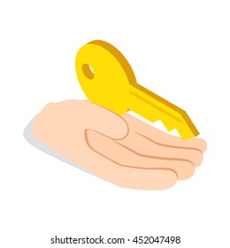 Hand holds key icon in isometric 3d style isolated on white background. Doors and locks symbol