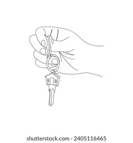 hand holds the keys in Continuous one line drawing. House Key simple line art vector design 
