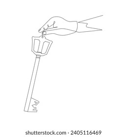 hand holds the keys in Continuous one line drawing. House Key simple line art vector design 
