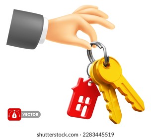 Hand holds keys with key chain in the form of house. Real estate concept, buying, selling, protection, security, property insurance. Isolated on white background. Vector 3d realistic illustration