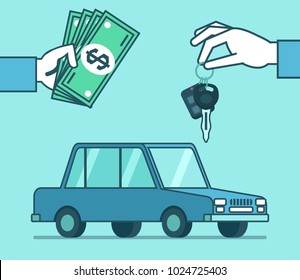 Hand holds keys and money over car. Sell or rent car concept. Simple style vector illustration