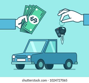 Hand holds keys and money over pickup car. Sell or rent car concept. Car dealer. Simple style vector illustration