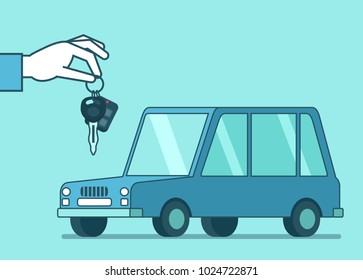 Hand holds keys over car. Sell or rent car. Simple style vector illustration