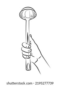 Hand holds ladle for soup. Kitchen accessory metal ladle. Tool, utensils for spill and serving liquid dishes, sauces and soups. Use for menu design, recipes, and kitchen goods. Sketch, linear drawing