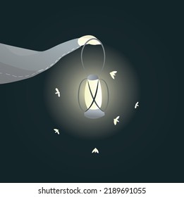 a hand holds a lantern around which fireflies fly