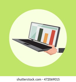 Hand holds a laptop computer flat style. Cartoon colorful vector illustration