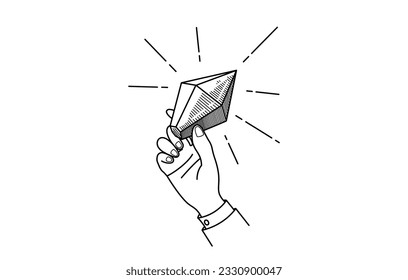 La mano sostiene un diamante grande. Dibujo vectorial de línea de un solo color.