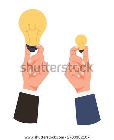 Hand holds large and small light bulb. Creative invention. Solutions compare. Businessman arm. Genius electric lamp. Lightbulb inspiration size. Brainstorm success. Vector concept of big or small idea