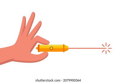 Hand Holds A Laser Pointer. Direct The Red Beam. Flat Vector Illustration.