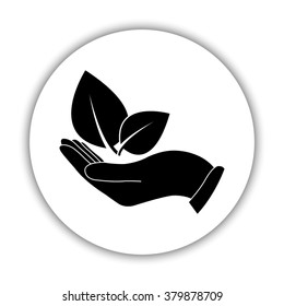 hand holds leaves  - black vector icon
