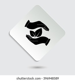 hand holds leaves - black vector icon  on a paper button