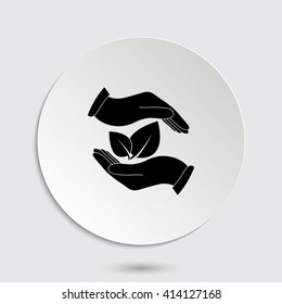 hand holds leaves - black vector icon  with shadow