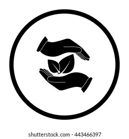 hand holds leaves  - black vector icon
