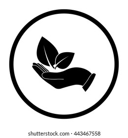 hand holds leaves  - black vector icon