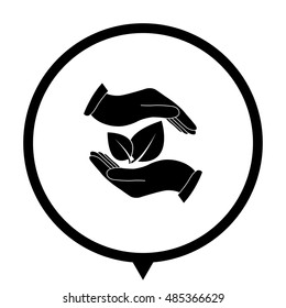 hand holds leaves - black vector icon;  map pointer