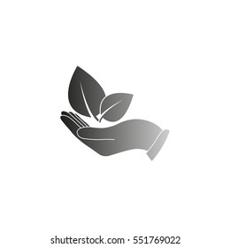 hand holds leaves - black  vector icon
