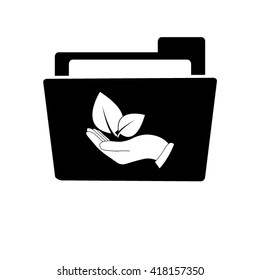 hand holds leaves - white vector icon;  black folder