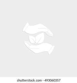 hand holds leaves - white vector  icon with shadow