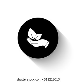 hand holds leaves - white vector  icon with shadow