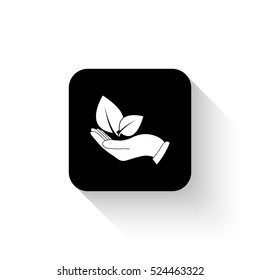hand holds leaves - white vector  icon with shadow