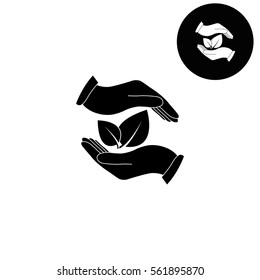 hand holds leaves  - white vector icon