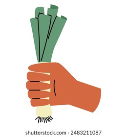 Die Hand hält einen Lauch. Vektorillustration auf weißem Hintergrund.